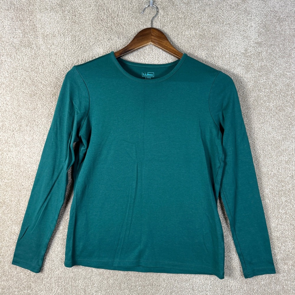 LL Bean Long Sleeve Tee Shirt Women Small Green 100% Supima Cotton Crew Neck